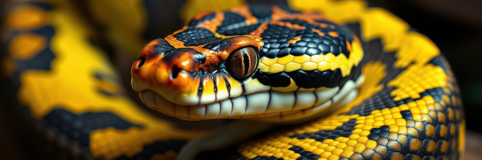 Colorful yellow and black python coiled on a branch in a natural setting during daylight hours